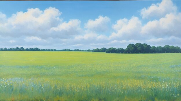 A painting of a field with a field of plants and a blue sky