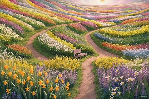 a painting of a field with flowers and a bench