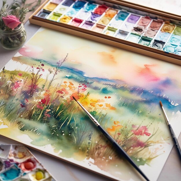 Painting of a field with flowers and a brush on a table generative ai