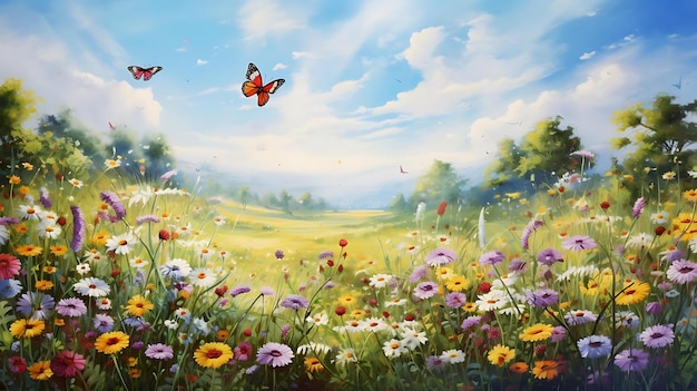 A painting of a field with flowers and butterflies