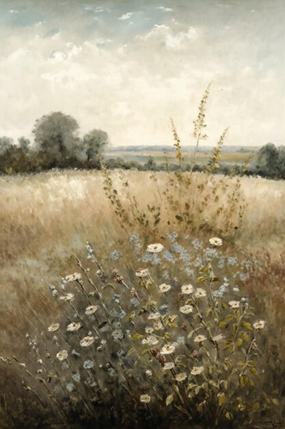 A painting of a field with flowers in the foreground.