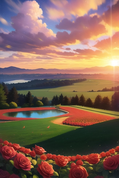 Картина поля с цветами и озером на заднем плане.
