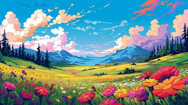 A painting of a field with flowers and mountains in the background generative ai