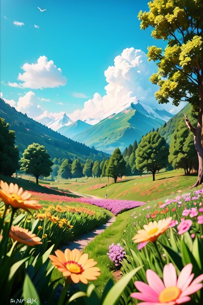 A painting of a field with flowers and mountains in the background