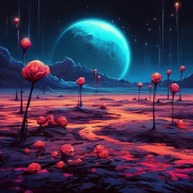 A painting of a field with flowers and a planet in the background generative ai