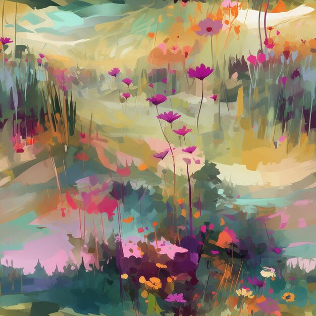 Painting of a field with flowers and trees in the background generative ai