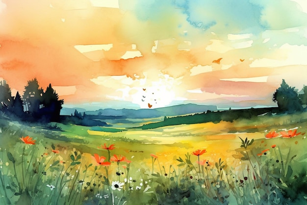 painting of a field with flowers and trees in the background generative ai