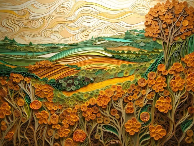 A painting of a field with flowers and trees in the background.