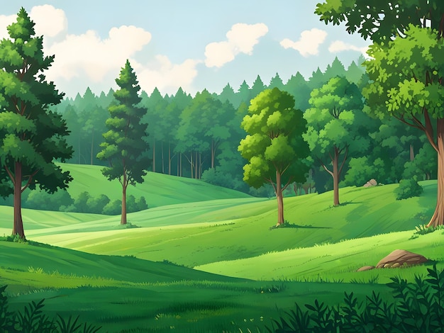 a painting of a field with a forest and mountains in the background