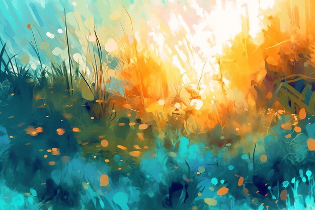 A painting of a field with grass and the sun shining through it