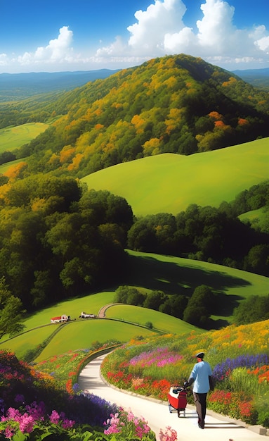 A painting of a field with a hill and trees with a house on it.