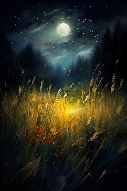 A painting of a field with the moon in the sky