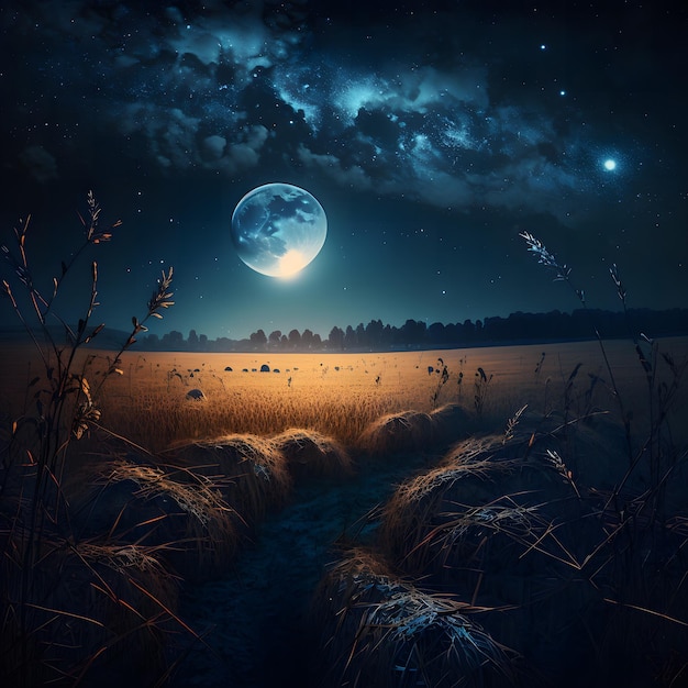 A painting of a field with a moon and the stars