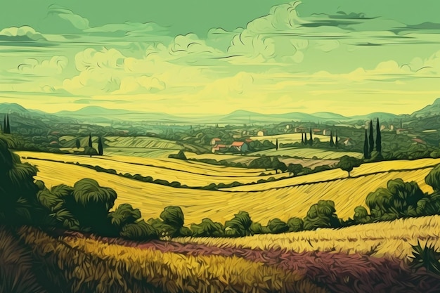 A painting of a field with a mountain in the background.