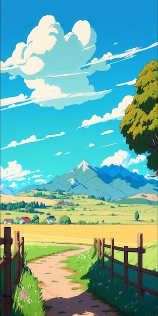 山と家を背景にした野原の絵。