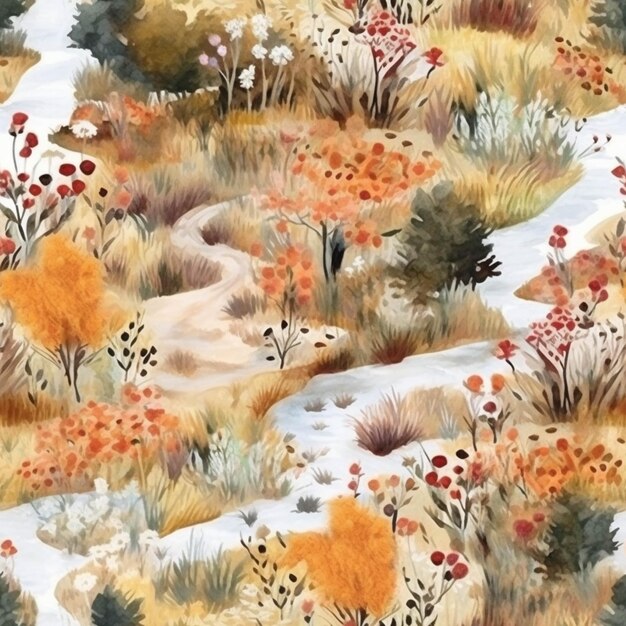 A painting of a field with a path and flowers in the snow generative ai