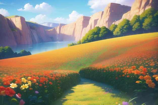 A painting of a field with a path that is surrounded by flowers.