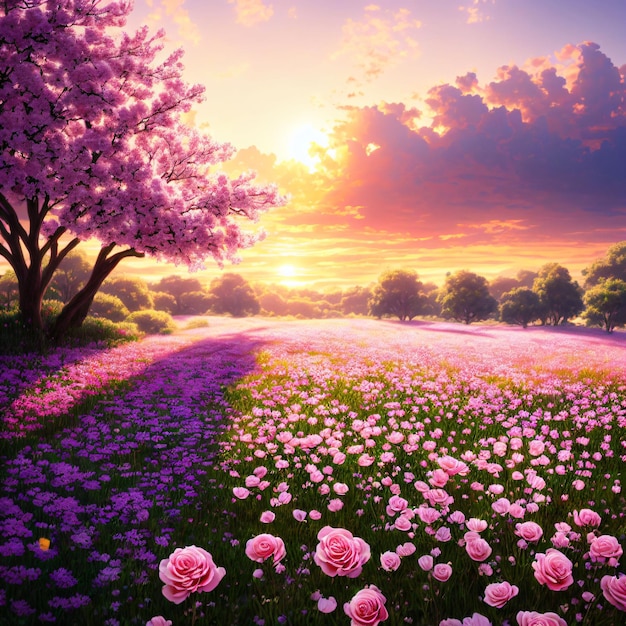 ピンクのバラが咲く野原と夕日を背にした木を描いた絵。