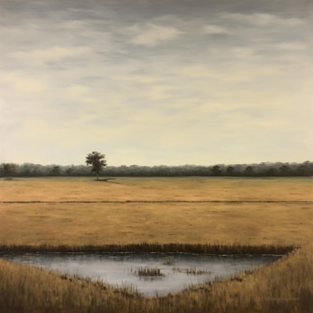 painting of a field with a small pond in the middle generative ai