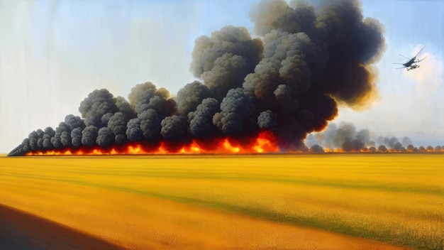 A painting of a field with smoke and a large black cloud of smoke.