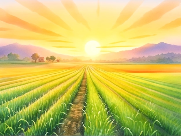 A painting of a field with a sunset in the background