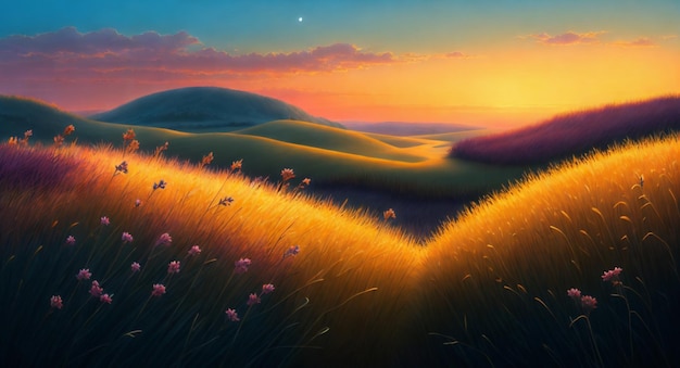 A painting of a field with a sunset in the background