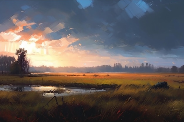 A painting of a field with a sunset in the background.