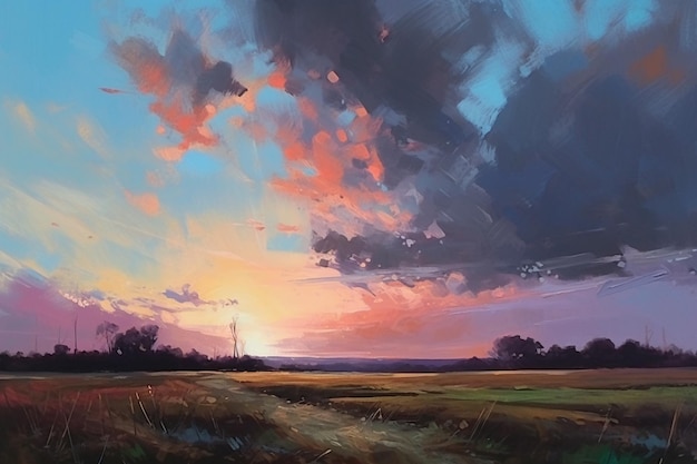 A painting of a field with a sunset in the background.