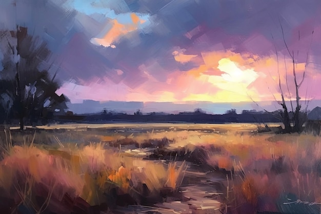 A painting of a field with a sunset in the background.