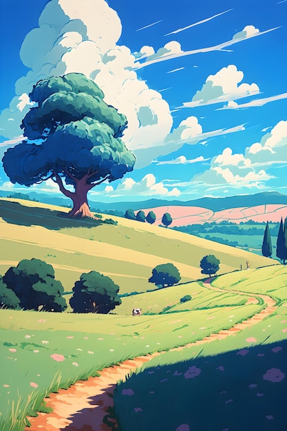Картина поля с деревом на переднем плане.