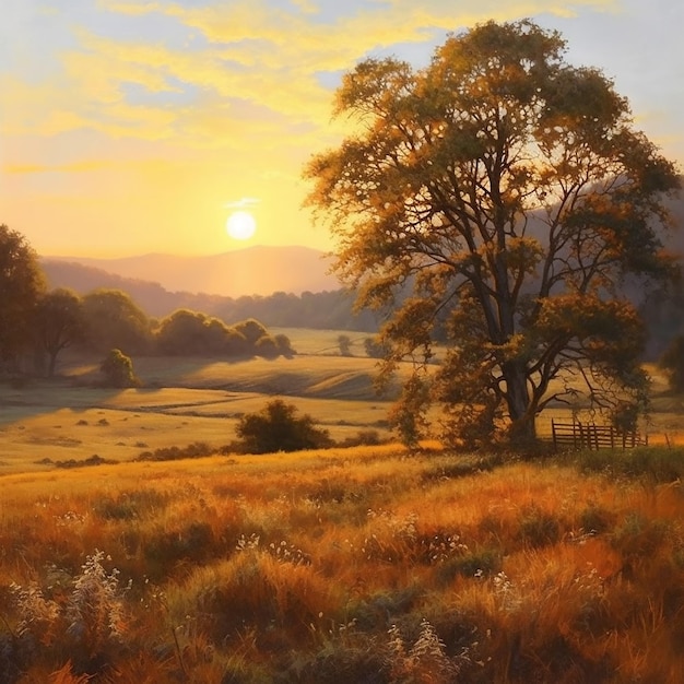 A painting of a field with a tree in the foreground.