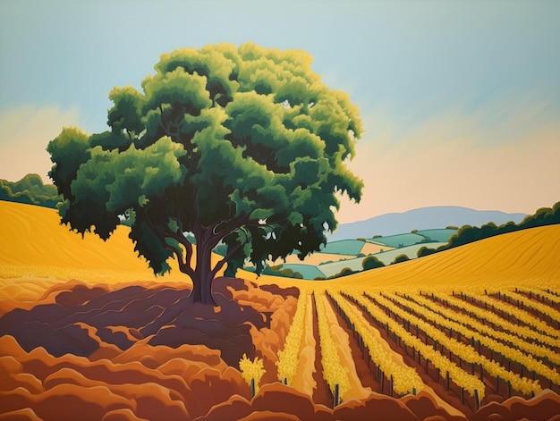 A painting of a field with a tree in the middle