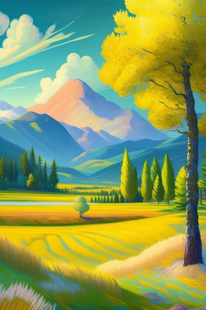 A painting of a field with a tree and mountains in the background