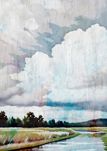 A painting of a field with trees and clouds