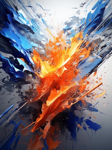 painting of a fire and blue paint splattered on a white background generative ai