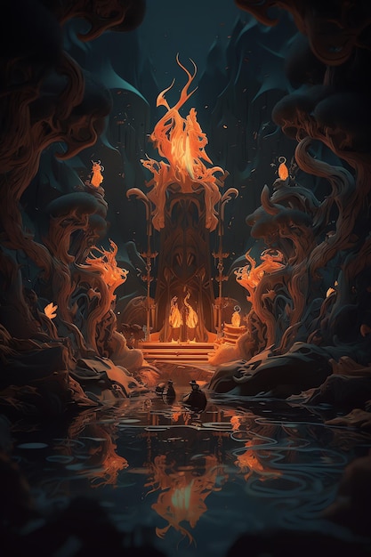 A painting of a fire in a dark room with a fire in the middle.