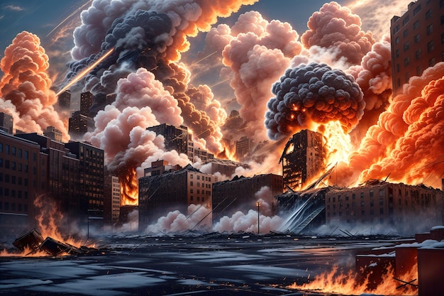 A painting of a fireball explosion in a city