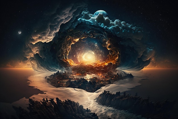 A painting of a fireball surrounded by a mountain and a moon.