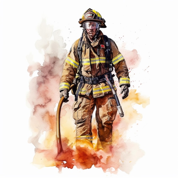 Photo painting of a firefighter with a hose and helmet generative ai