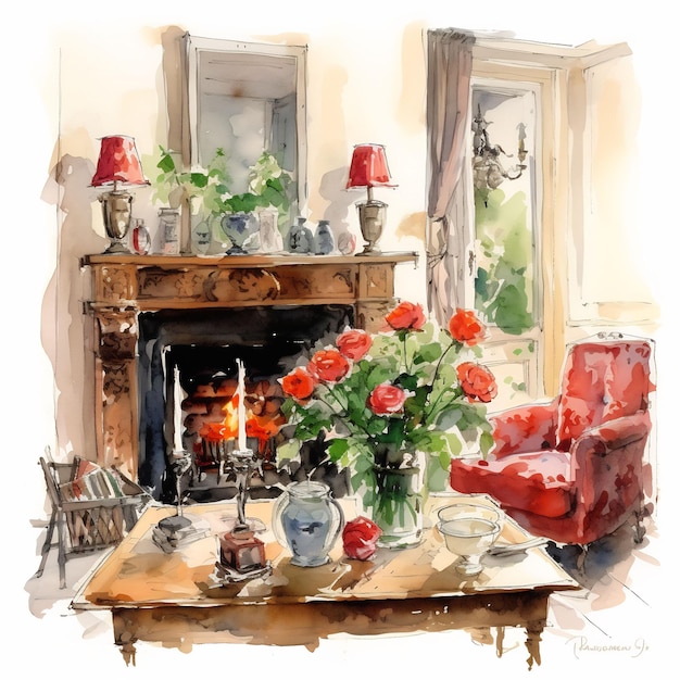 a painting of a fireplace with a fireplace and flowers