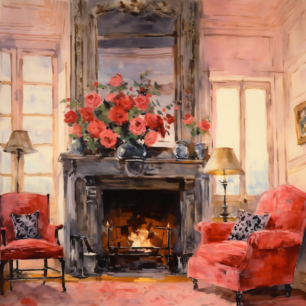 a painting of a fireplace with flowers on it