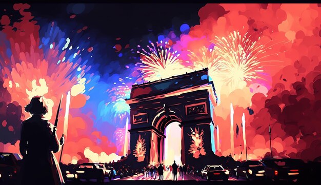 A painting of a fireworks display in paris