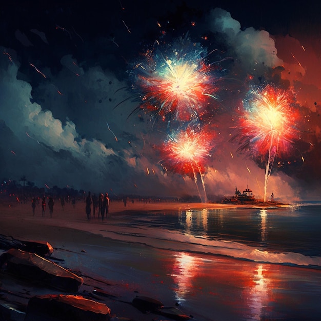 A painting of fireworks that is on a beach