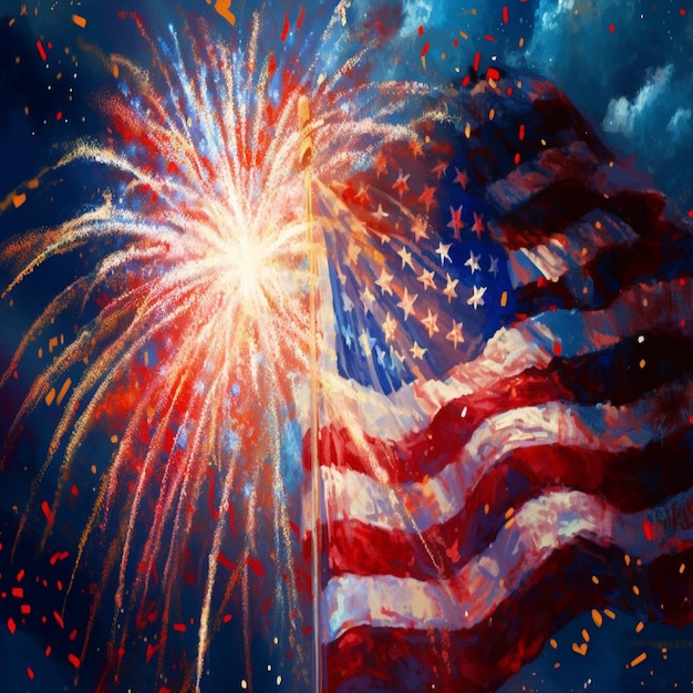 A painting of fireworks with a flag that says " fireworks " on it.