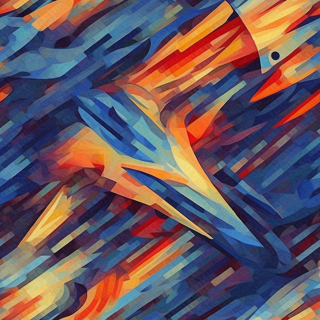 Photo painting of a fish and a bird in a colorful abstract pattern generative ai