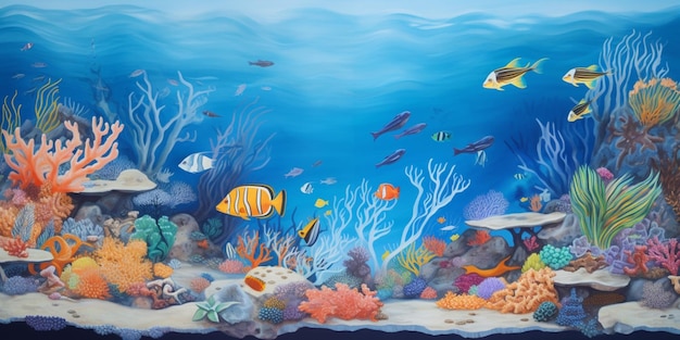 A painting of a fish and coral reef