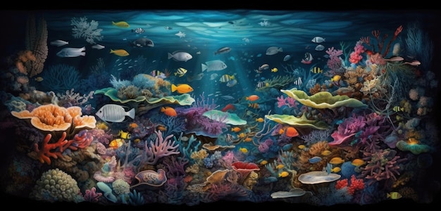 A painting of a fish and coral reef.