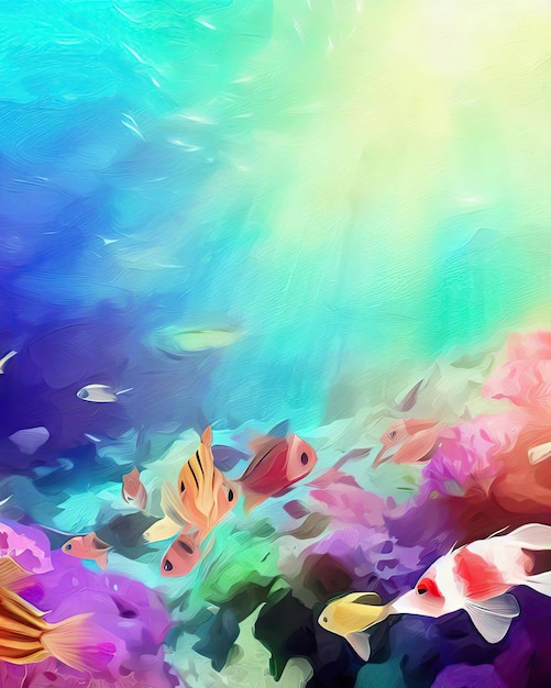 Картина с изображением рыб и кораллов на голубом фоне.