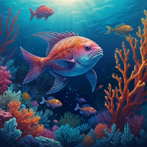 Foto un dipinto di pesci e coralli con il sole che splende attraverso l'acqua