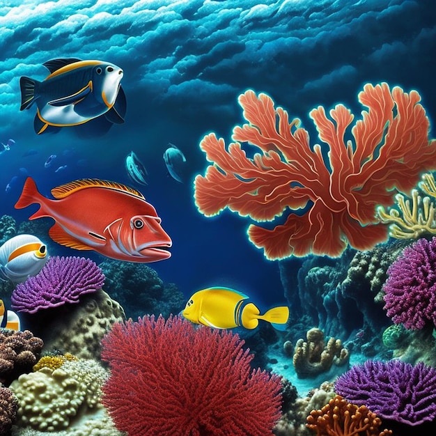 A painting of a fish and corals